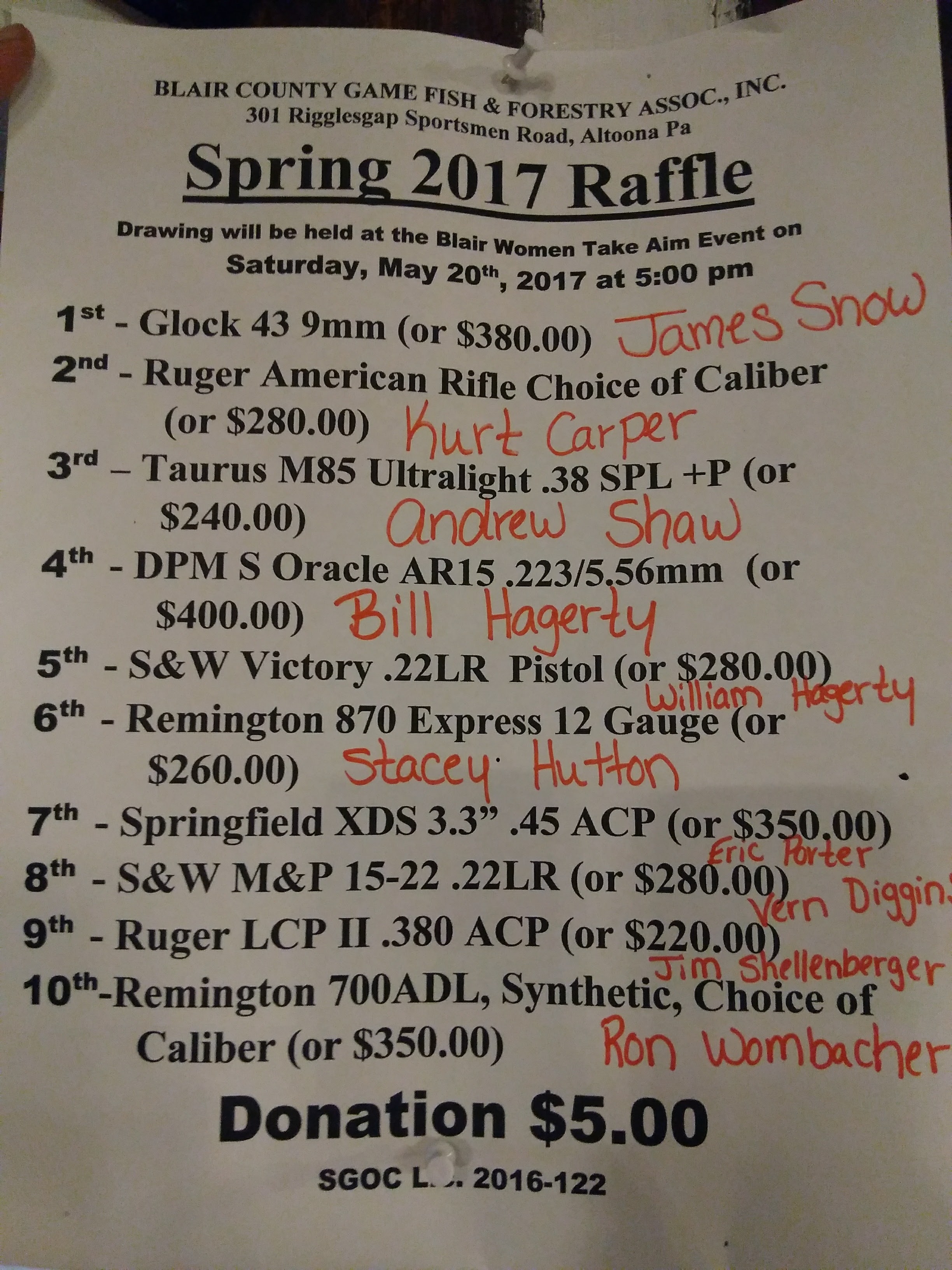 Springbrook Raffle Winners 2017 Spring Raffle Winners – Blair County Game